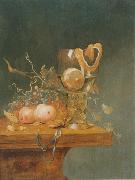 unknow artist Stilleben mit verschiedenen Fruchten, einem groben Romerglas und einer Uhr auf einer Tischkante oil painting on canvas